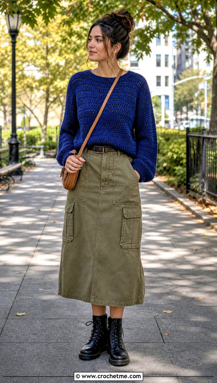 Raglan Sleeve Crochet Jumper With Utility Skirt - 15 Ladies Crochet Jumper outfit ideas