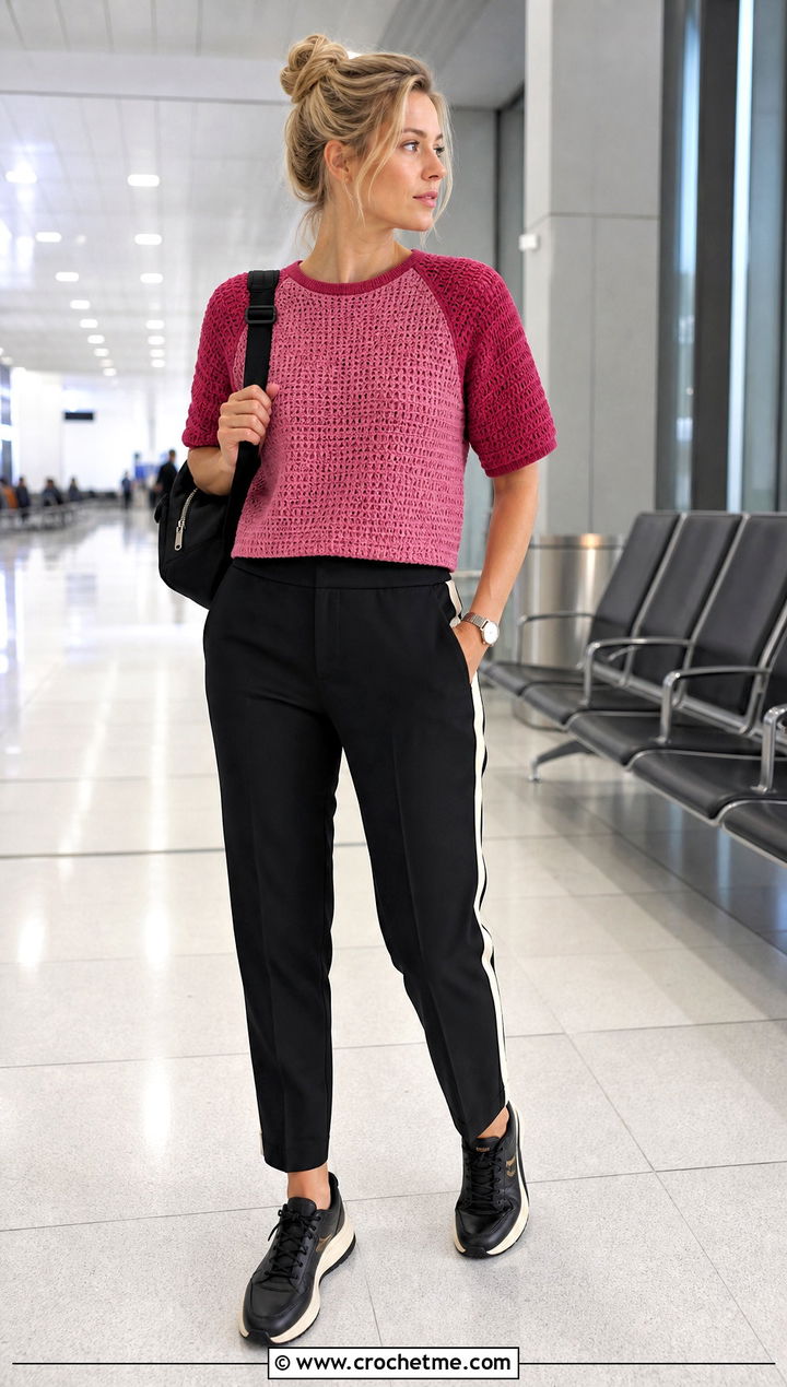 Raglan Sleeve Crochet T Shirt With Track Pants - 30 crochet t shirts outfit ideas