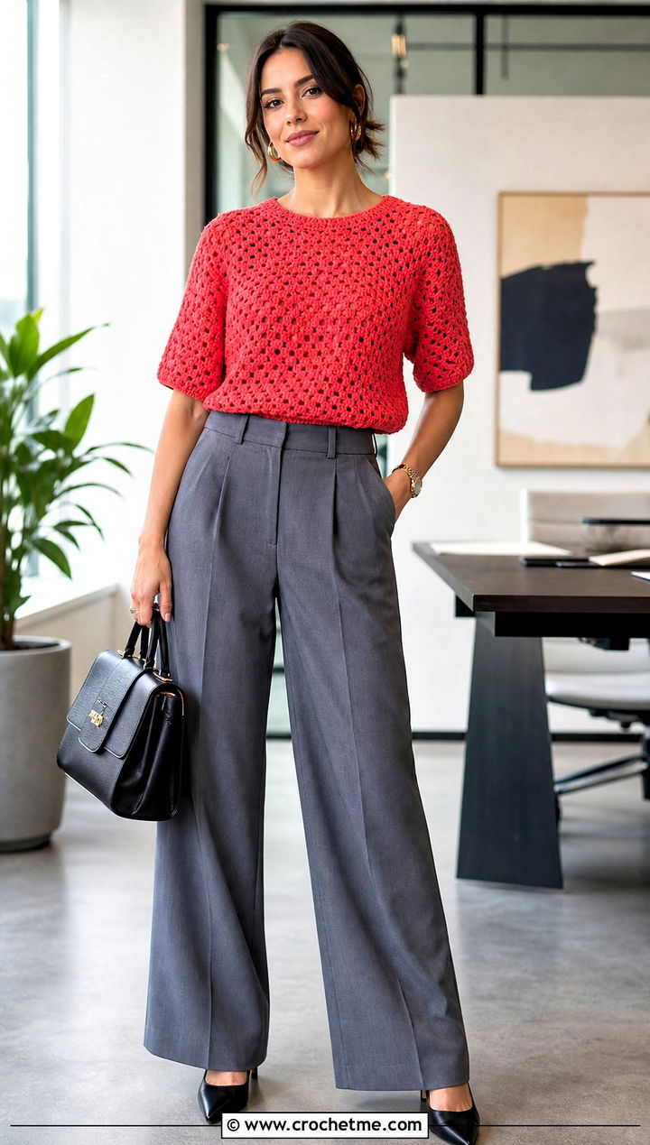 Raglan Sleeve Maria Crochet Top With Wide Leg Suit Pants - 20 maria crochet top outfit ideas
