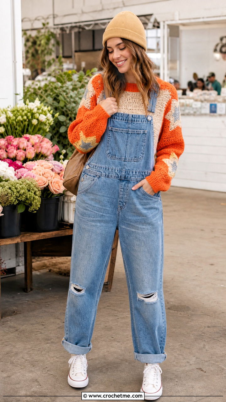 Raglan Star Sweater With Denim Overalls - 35 crochet star sweater outfit ideas