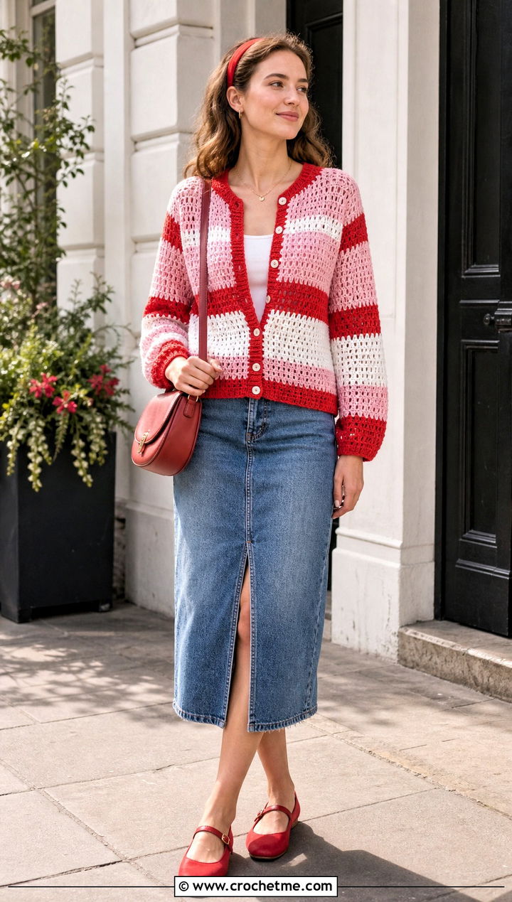 Raglan Stripe Crochet Cardigan With Denim Midi Skirt - 25 striped crochet cardigan outfit ideas