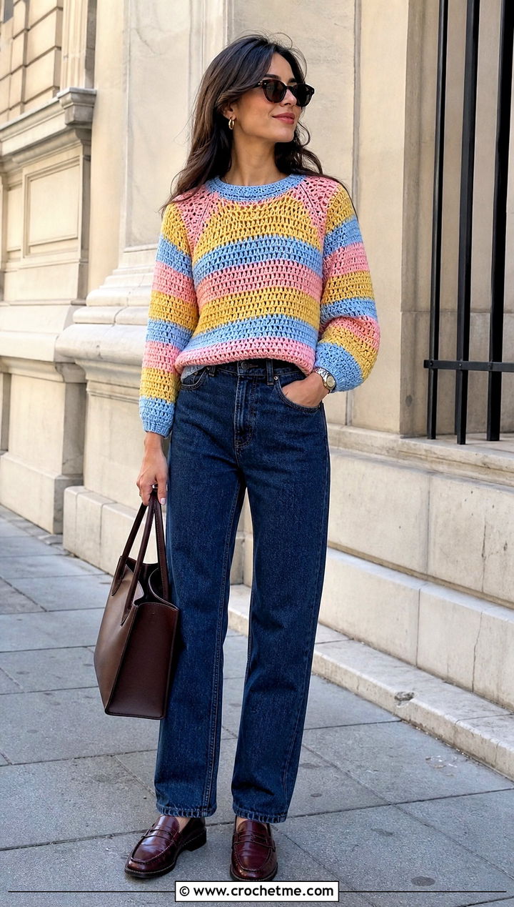 Raglan Striped Crochet Sweater With Straight Leg Jeans - 30 striped crochet sweater outfit ideas