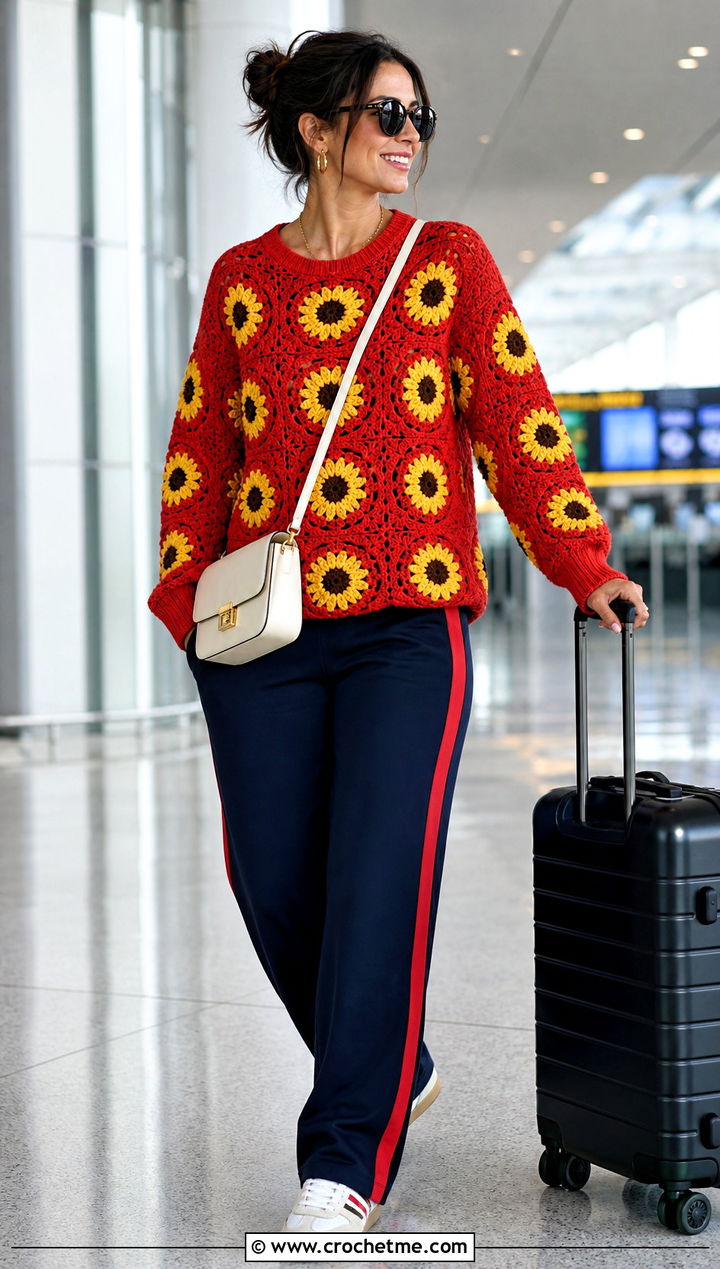 Raglan Sunflower Granny Square Sweater With Track Pants - 30 sunflower granny square sweater outfit ideas