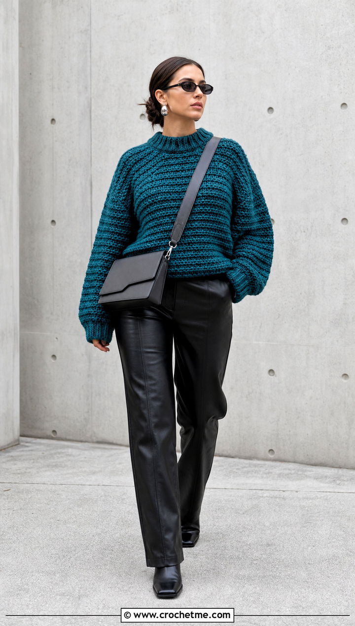 Raglan Super Bulky Crochet Sweater With Black Leather Pants - 25 Super Bulky Crochet Sweater outfit ideas