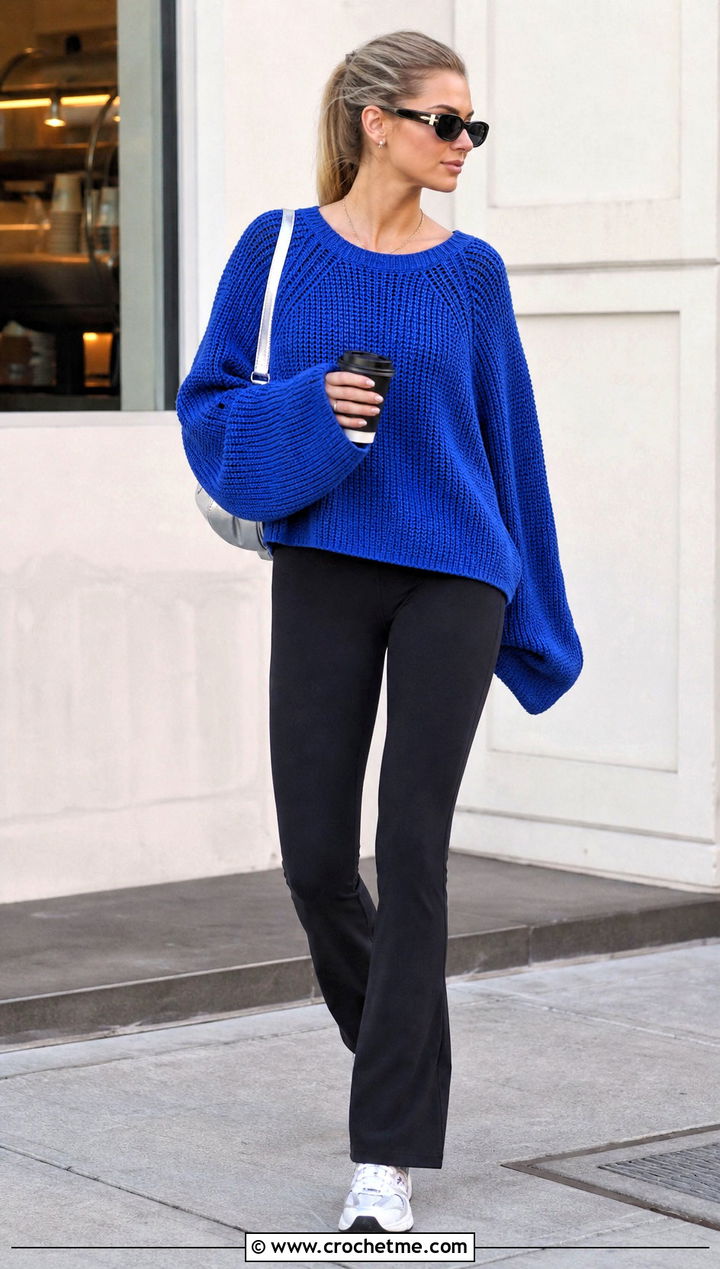 Raglan Super Slouchy Crochet Sweater With Flared Leggings - 15 Super Slouchy Crochet Sweater outfit ideas