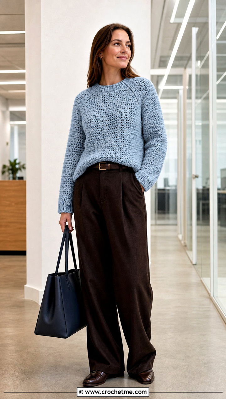 Raglan Thick Yarn Crochet Sweater With Wool Trousers - 25 thick yarn crochet sweater outfit ideas