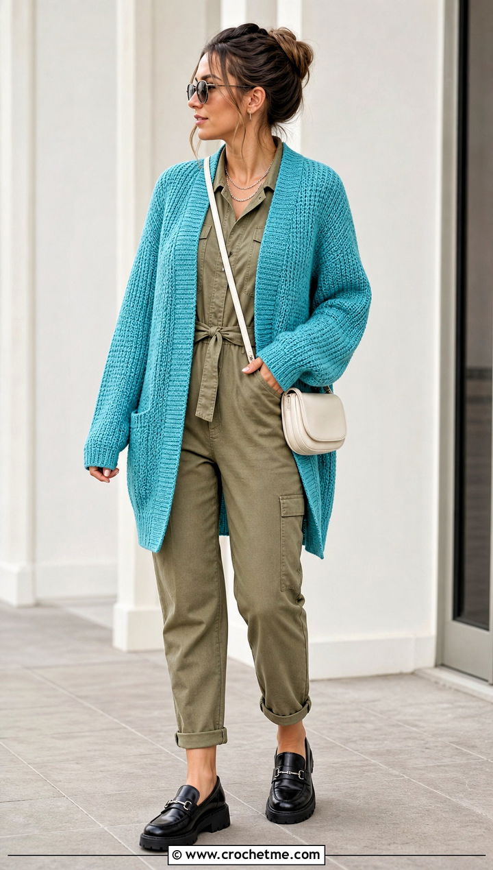 Raglan Tunisian Cardigan With Utility Jumpsuit - 20 Crochet Tunisian Cardigan outfit ideas