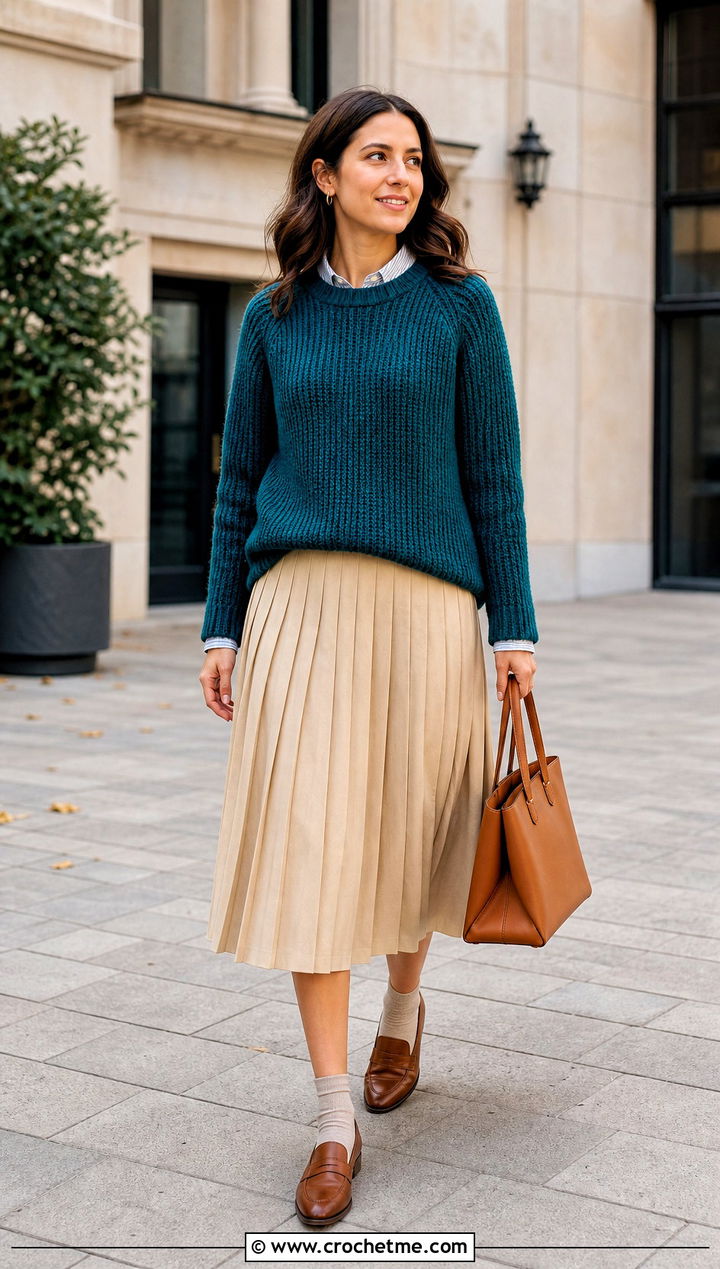 Raglan Tunisian Simple Stitch Jumper With Midi Skirt - 30 tunisian crochet jumper outfit ideas