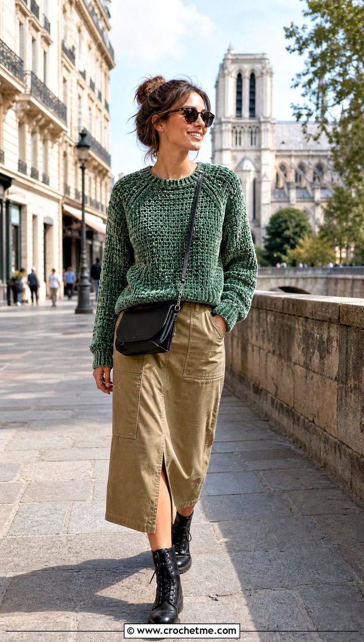 Raglan Velvet Crochet Sweater With Utility Skirt - 30 velvet crochet sweater outfit ideas