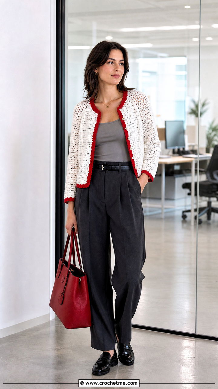 Raglan White Crochet Cardigan With Pleated Trousers - 35 White Crochet Cardigan Outfit ideas