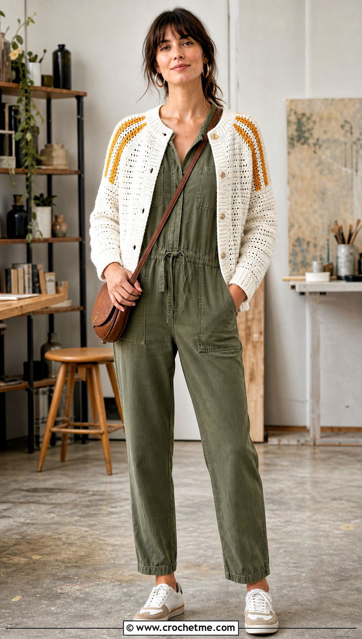 Raglan White Crochet Cardigan With Utility Jumpsuit - 35 crochet white cardigan outfit ideas