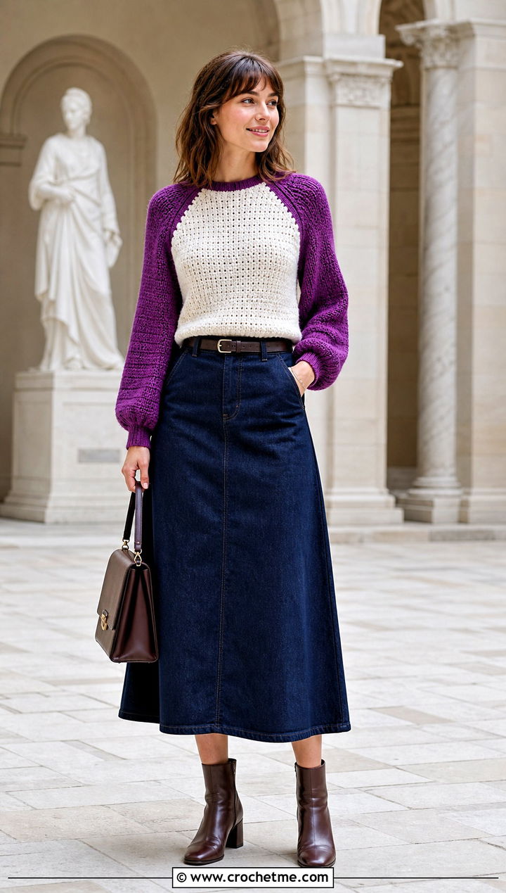 Raglan White Crochet Sweater With Midi Skirt - 35 crochet white sweater outfit ideas