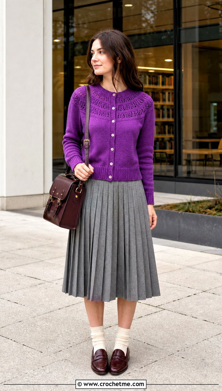 Raglan Yoke Cardigan With Pleated Midi Skirt - 20 Crochet Yoke Cardigan outfit ideas