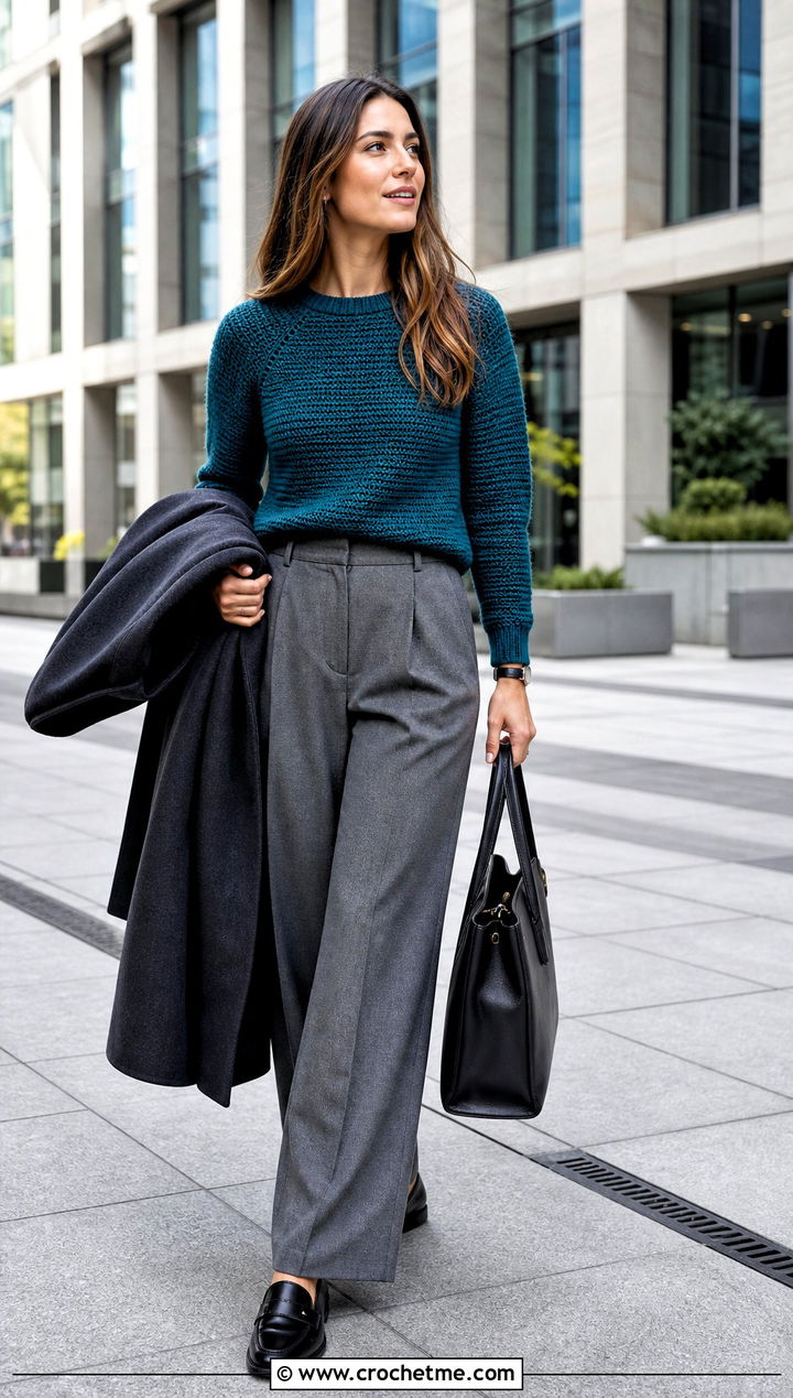 Raglan Yoke Crochet Sweater With Wide Leg Trousers - 25 Yoke Down Crochet Sweater outfit ideas