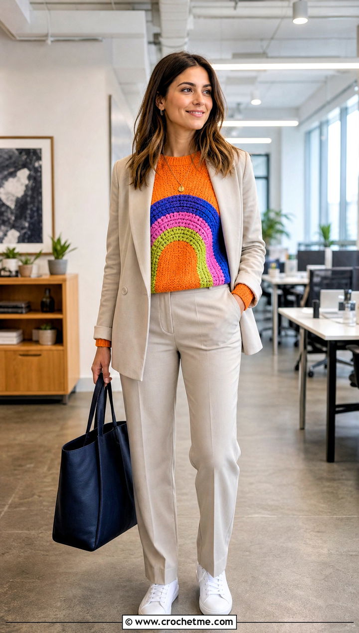 Rainbow Amigurumi Sweater With Neutral Suit - 30 amigurumi sweater outfit ideas