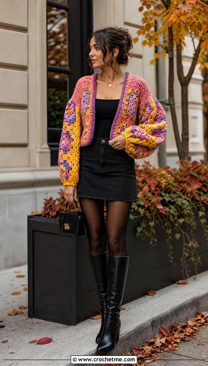 Rainbow Balloon Sleeve Crochet Cardigan With Mini Skirt - 25 Rainbow Crochet Cardigan outfit ideas