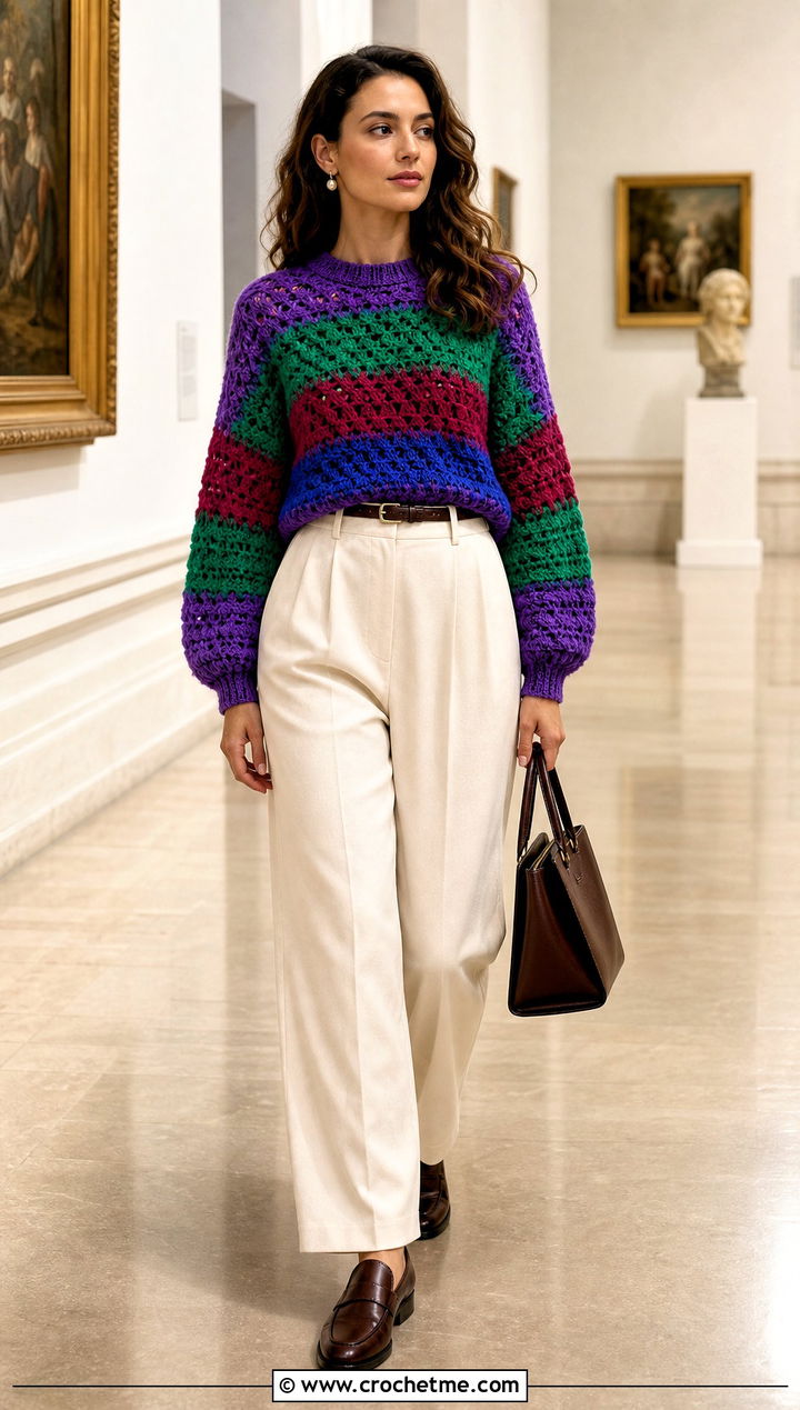Rainbow Balloon Sleeve Crochet Sweater With Pleated Trousers - 15 bright rainbow crochet sweater outfit ideas