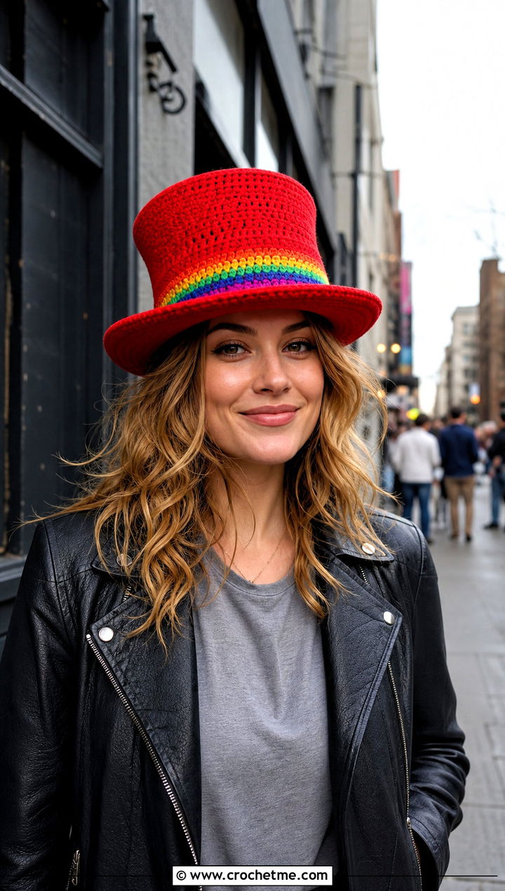 Rainbow Band Crochet Leprechaun Top Hat With Leather Jacket - 20 Crochet Leprechaun Hat outfit ideas