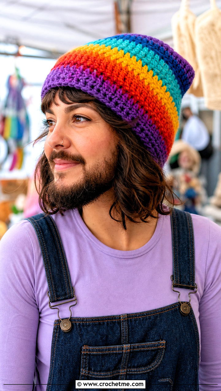 Rainbow Beard Crochet Hat With Denim Overalls - 25 Beard Crochet Hat outfit ideas