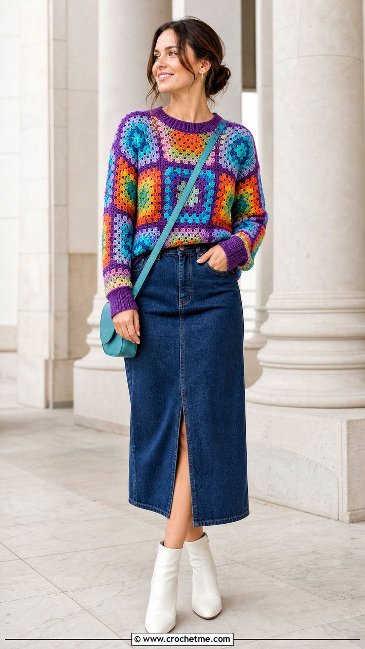 Rainbow Big Granny Square Sweater With Denim Midi Skirt - 35 big granny square sweater outfit ideas