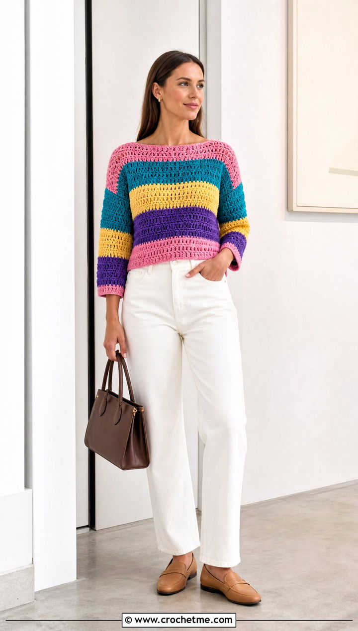 Rainbow Boat Neck Crochet Top With White Jeans - 25 rainbow crochet top outfit ideas