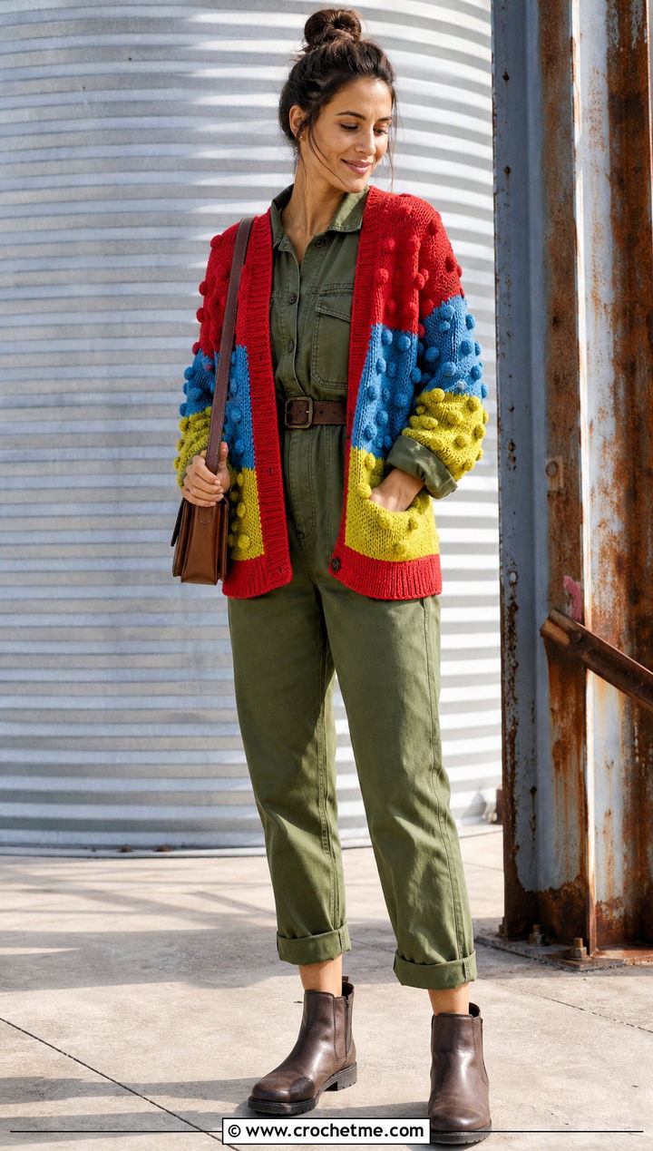 Rainbow Bobble Stitch Cardigan With Utility Jumpsuit - 25 Rainbow Crochet Cardigan outfit ideas