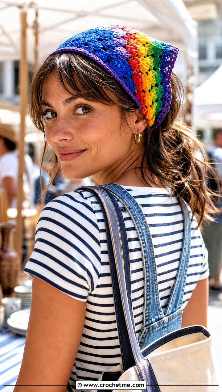 Rainbow Border Granny Square Hair Scarf With Overalls And Striped Tee - 25 granny square hair scarf outfit ideas
