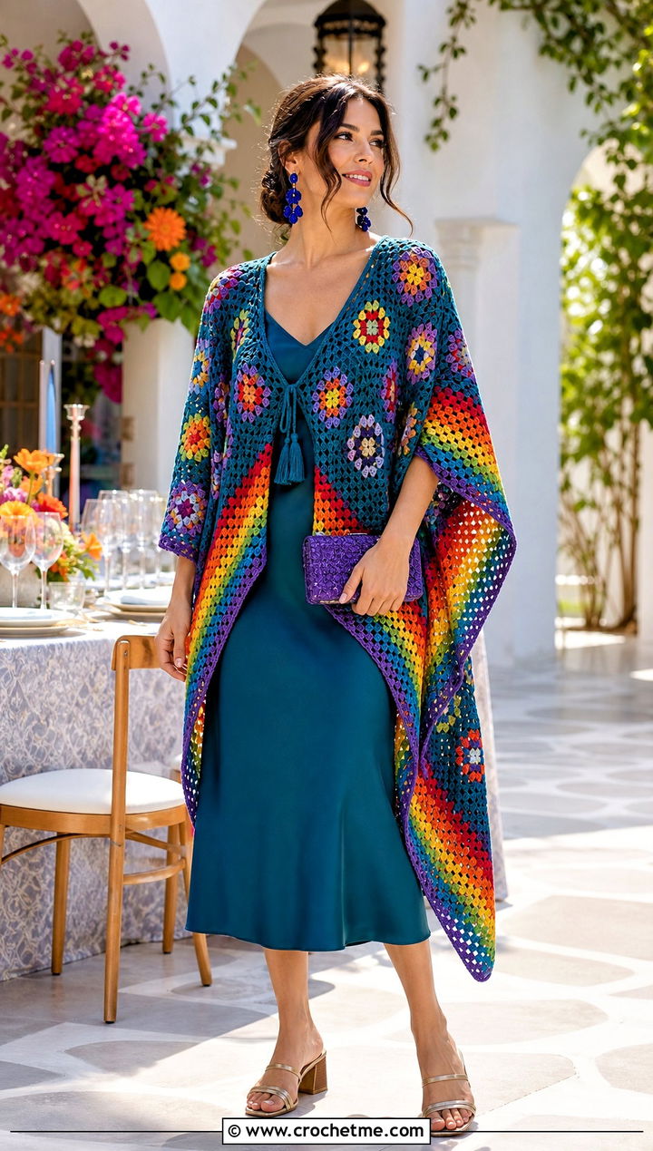 Rainbow Border Granny Square Poncho With Slip Dress - 35 granny square poncho outfit ideas