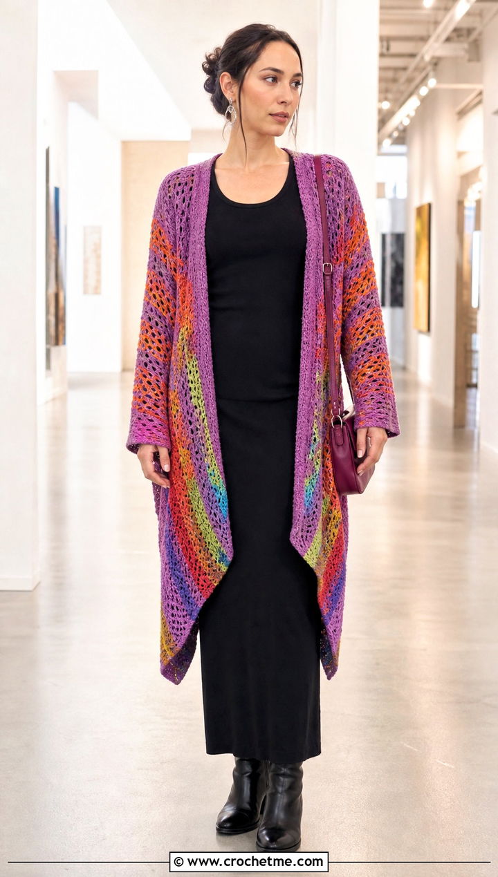 Rainbow Campfire Cardigan With Black Maxi Dress - 30 crochet campfire cardigan outfit ideas