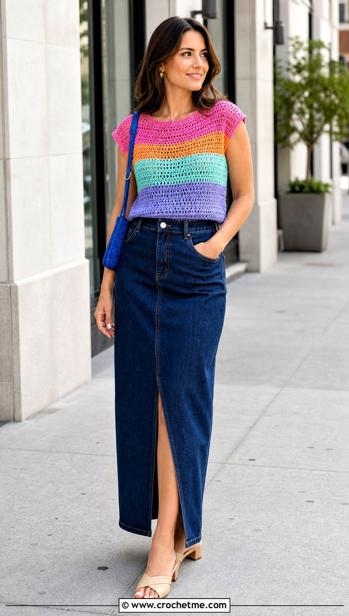 Rainbow Cap Sleeve Crochet Tee With Denim Maxi Skirt - 15 rainbow crochet summer top outfit ideas