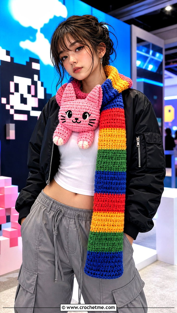 Rainbow Cat Crochet Scarf With Cargo Pants - 15 Funny Crochet Scarf outfit ideas