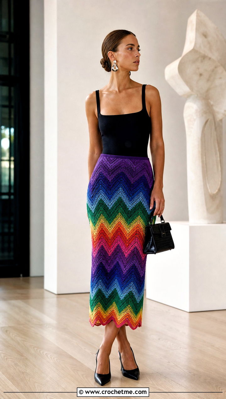 Rainbow Chevron Crochet Skirt With Black Bodysuit - 25 Rainbow Crochet Skirt outfit ideas