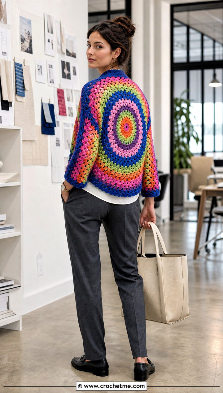 Rainbow Circle Crochet Cardigan With Neutral Workwear - 25 circle crochet cardigan outfit ideas