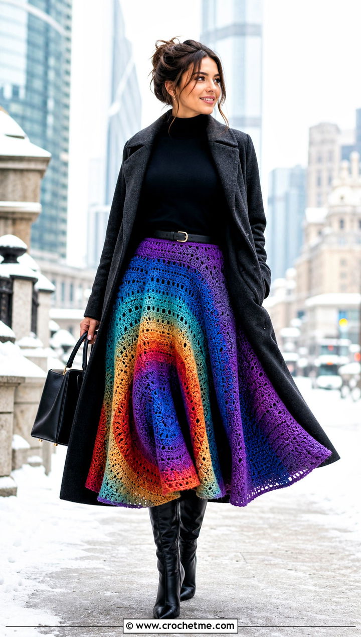 Rainbow Circle Crochet Midi Skirt With Fitted Turtleneck - 25 Rainbow Crochet Skirt outfit ideas
