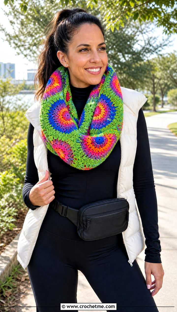 Rainbow Circle Infinity Crochet Scarf With Puffer Vest And Leggings - 15 crochet scarf with colorful circles outfit ideas
