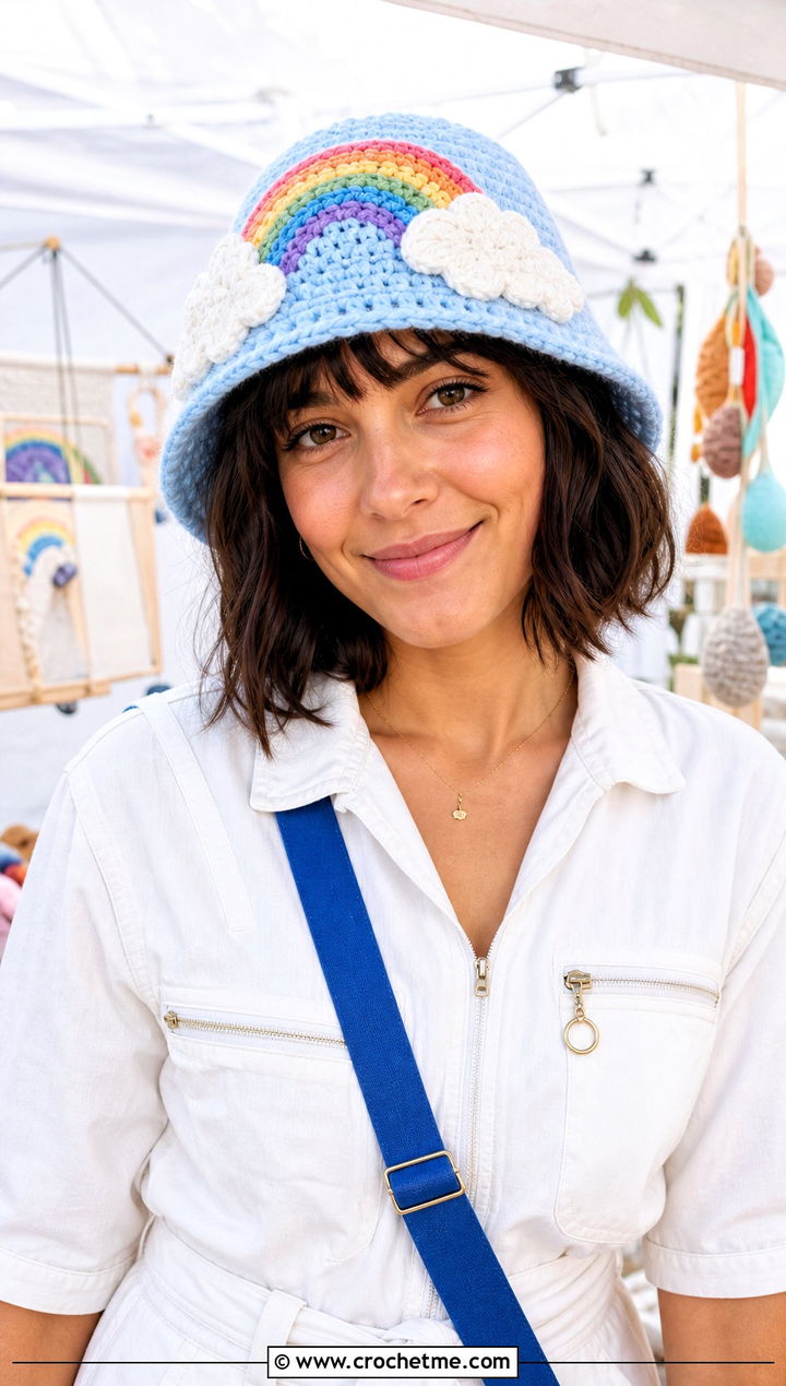 Rainbow Cloud Crochet Hat With White Jumpsuit - 25 Weird Crochet Hat outfit ideas