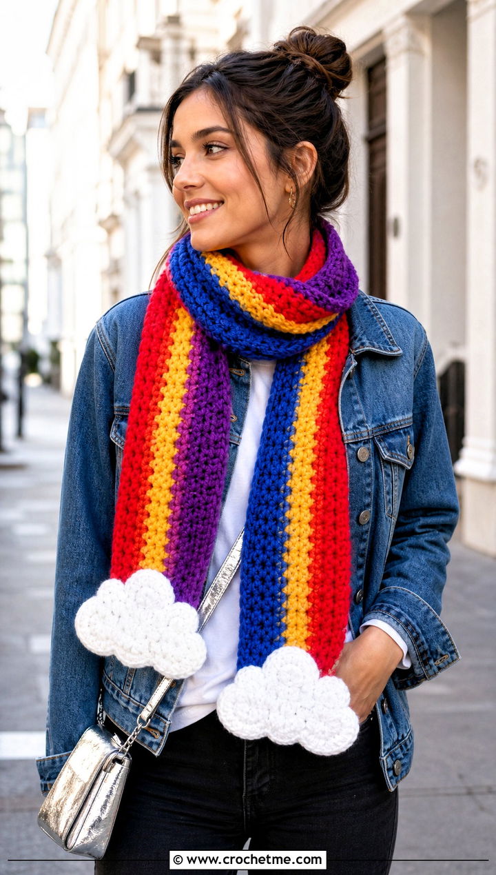 Rainbow Cloud Crochet Scarf With Denim Jacket - 15 Funny Crochet Scarf outfit ideas