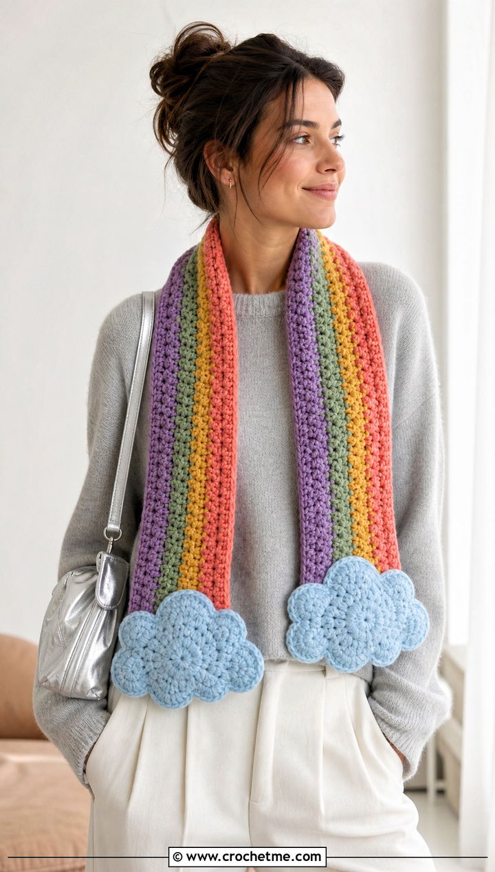 Rainbow Cloud Crochet Scarf With Minimalist Outfit - 15 Funny Crochet Scarves outfit ideas