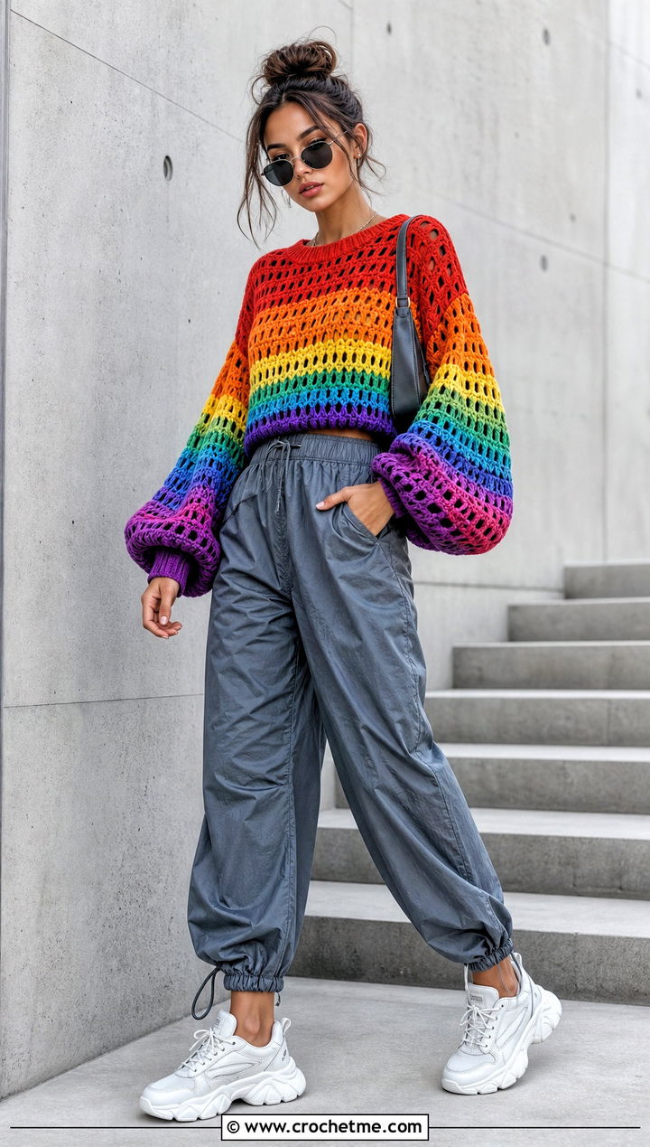 Rainbow Crochet Balloon Sleeve Sweater With Parachute Pants - 20 Rainbow Crochet Sweater outfit ideas