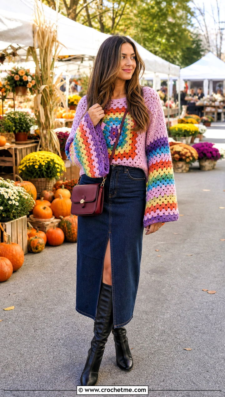 Rainbow Crochet Bell Sleeve Sweater With Denim Midi Skirt - 20 Rainbow Crochet Sweater outfit ideas