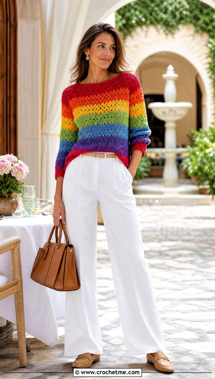Rainbow Crochet Boatneck Sweater With White Trousers - 20 Rainbow Crochet Sweater outfit ideas
