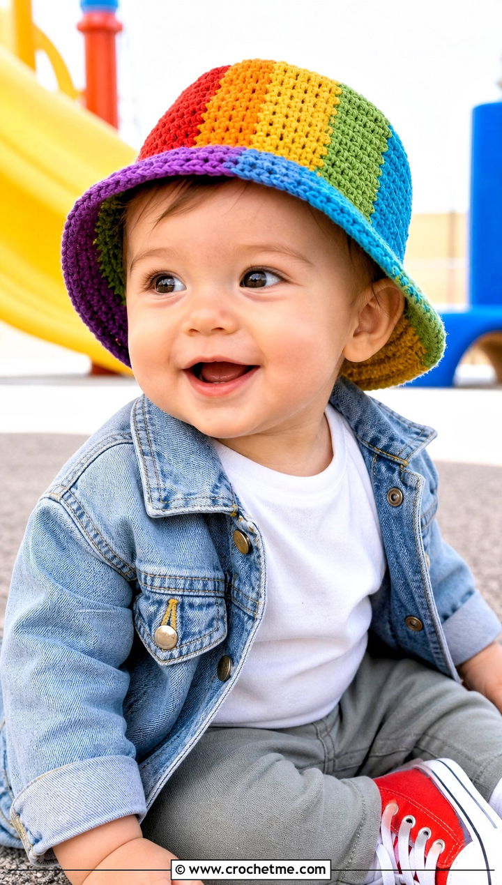 Rainbow Crochet Bucket Hat With Denim Jacket - 15 12 month old crochet hat outfit ideas