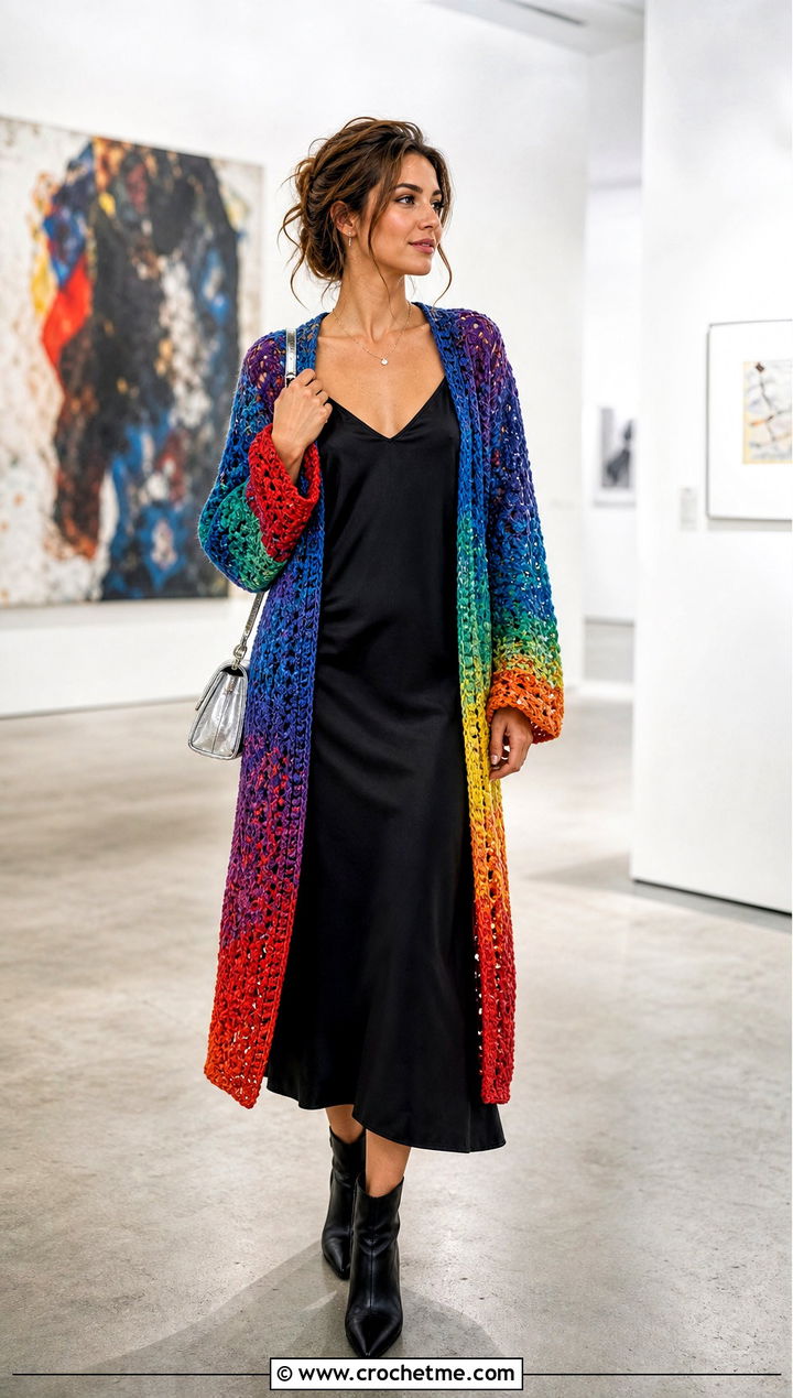Rainbow Crochet Cardigan Sweater With Slip Dress - 20 Rainbow Crochet Sweater outfit ideas
