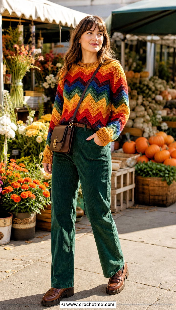 Rainbow Crochet Chevron Sweater With Corduroy Pants - 20 Rainbow Crochet Sweater outfit ideas