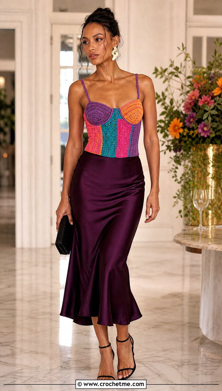Rainbow Crochet Corset Top With Satin Midi Skirt - 25 rainbow crochet top outfit ideas