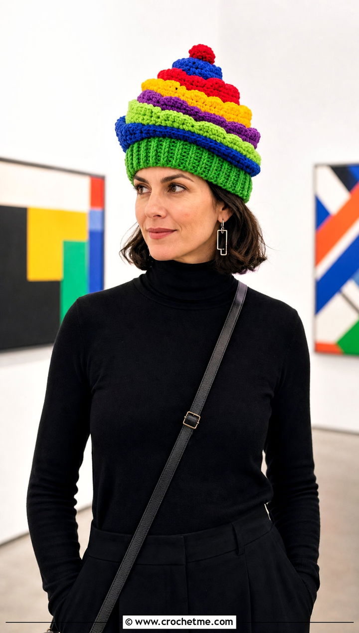 Rainbow Crochet Cupcake Hat With Monochrome Outfit - 30 crochet cupcake hat outfit ideas
