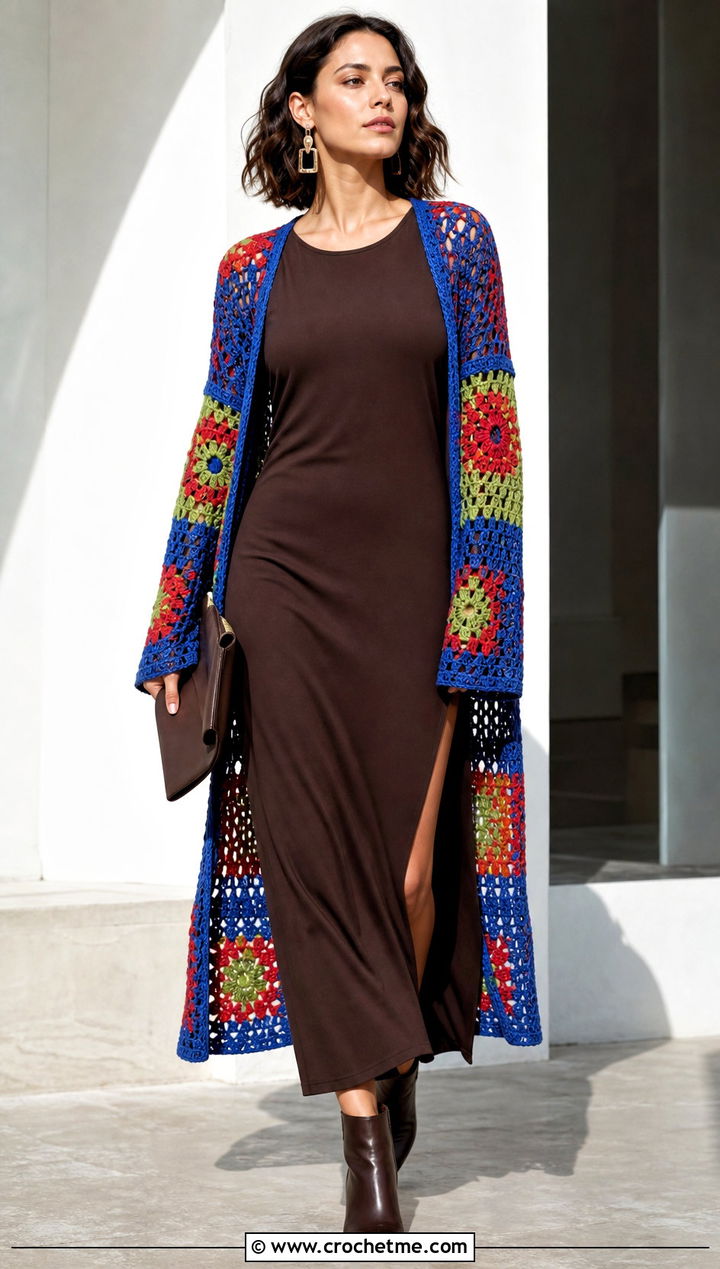 Rainbow Crochet Duster Cardigan With Column Dress - 25 Rainbow Crochet Cardigan outfit ideas