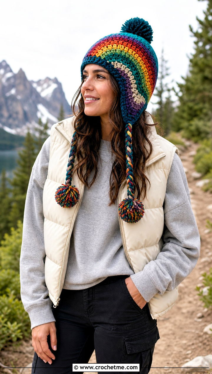 Rainbow Crochet Earflap Hat With A Puffer Vest - 30 funny crochet hat outfit ideas
