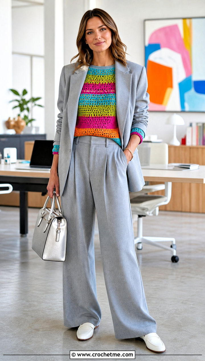 Rainbow Crochet Graph Sweater With Neutral Suit - 30 crochet graph sweater outfit ideas