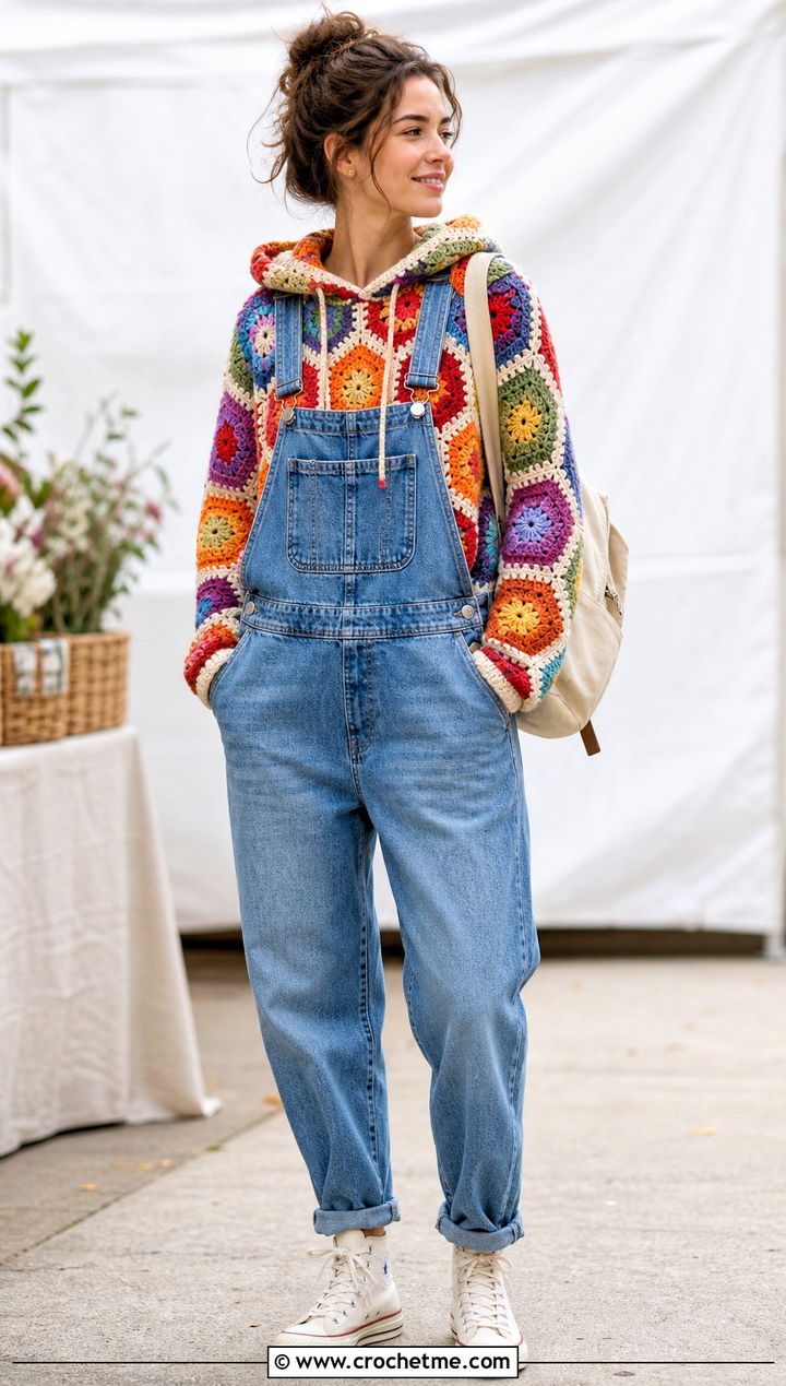 Rainbow Crochet Hexagon Hoodie With Denim Overalls - 30 crochet hexagon hoodie outfit ideas